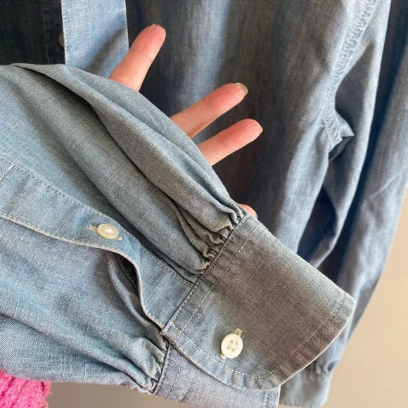 Lauren Ralph Lauren Black Label Button Shirt Women L Cotton Blue Ruffle Romantic - Picture 5 of 9